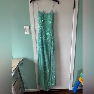 Jovani Mermaid Aqua Sequin 100% silk Open Back Prom Dress Size 2 vintage